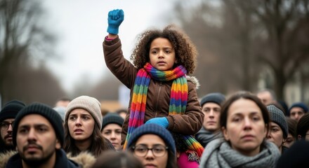 Fototapeta premium An empowered mixed-race girl with curly hair sits on shoulders at a protest, raising her fist in solidarity with the crowd