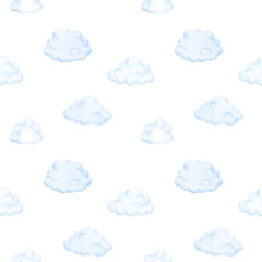Fluffy clouds, seamless pattern Watercolor digital illustration. Cloudy sky, isolated on white background. For printing on textiles, cards, invitations and dreamy sky, and weather-themed