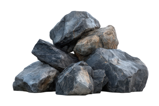 Pile of Rough Dark Gray Rocks with Metallic Glitter on Transparent Background Mineral Specimens Geological Material Mining Resources Industrial Raw Materials Close Up Isolated Still Life