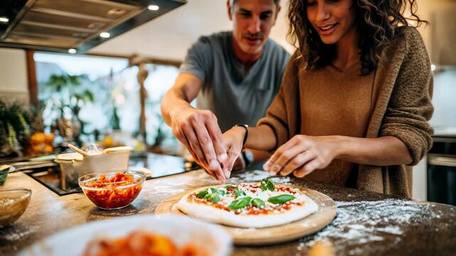 Happy couple roll dough and add toppings together in a warm kitchen, shallow depth and steam selling homemade flavor; cozy food scene for delivery apps, grocery brands
