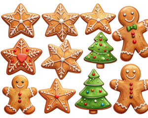 A charming collection of Christmas gingerbread cookies in various festive shapes such 