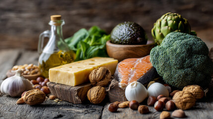 Close up of healthy food items on rustic wooden surface arrangement shot