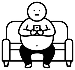 Overweight person sitting on sofa using smartphone, black and white