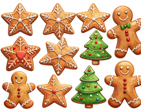 A charming collection of Christmas gingerbread cookies in various festive shapes such 