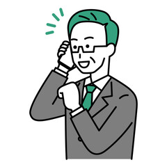 スマートフォンでの通話で喜ぶ中年のスーツの男性