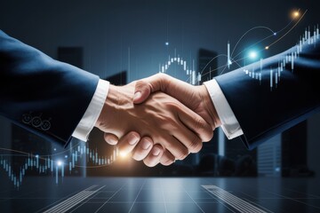 A professional handshake symbolizing a business agreement with a futuristic digital overlay of financial stock market data