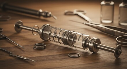 Vintage medical syringe and surgical instruments on wooden surface