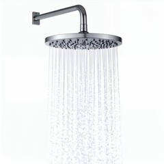 Contemporary overhead shower dispensing water, set against a simple white background