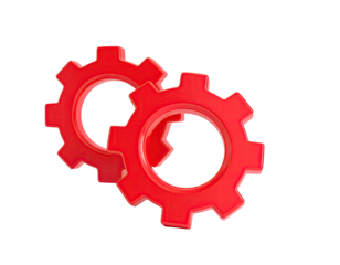 Two bright red interlocking gears on a stark black background, 3D rendered