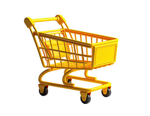 Shiny, yellow shopping cart, wheels visible, perspective on a dark background