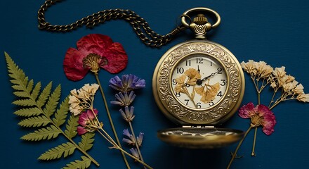 Vintage pocket watch with flowers composition on dark background