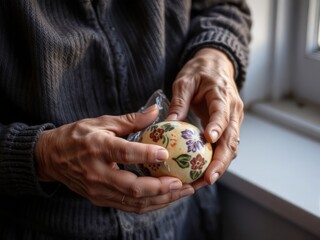 Elderly person holding decorative egg with floral design indoors  