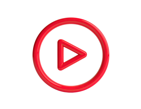 A glossy, red play icon in a circle, against a stark black background