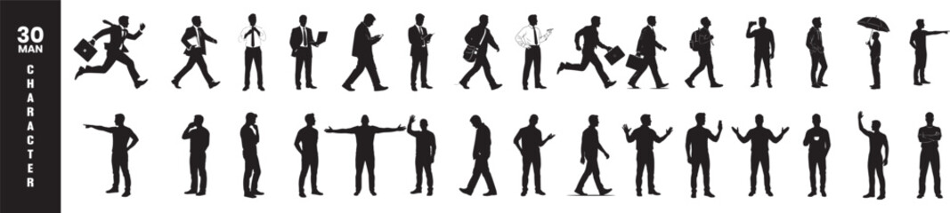 30 Man Character Silhouette Vector Set, Business, Casual, Walking, Running, Thinking Poses Illustration