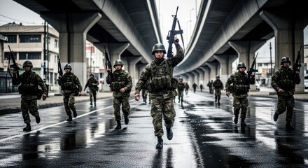 Military Personnel on Patrol A Group of Soldiers Running Through a Urban Landscape Underneath a Bridge, Armed and Alert