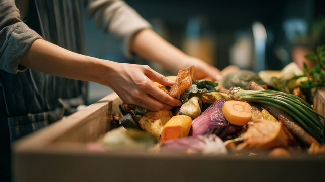 Hands sorting through a wooden crate filled with assorted vegetables