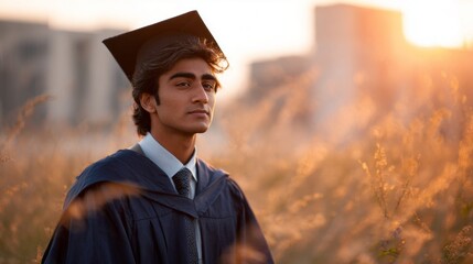 Graduation celebration of male Indian student in academic gown during sunset in a field