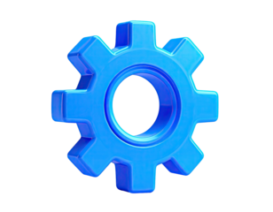 3D rendering of a shiny, light-blue gear icon isolated against a black background