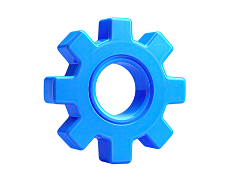 3D rendering of a shiny, light-blue gear icon isolated against a black background