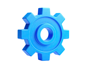 A bright blue gear icon, with a 3D render on a transparent background