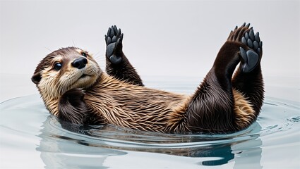 Full-body sea otter floating on back with paws up, clean white background