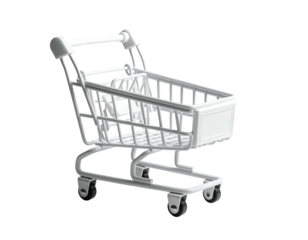 A miniature, all-white shopping cart isolated on a black background