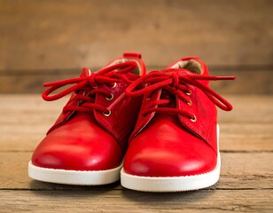 Red Childrens Shoes on Wooden Background.