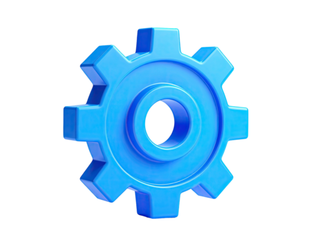 A bright blue gear icon, with a 3D render on a transparent background
