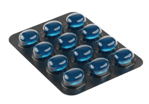 Isolated blister pack of blue gel caplets for cold, flu, or allergy relief or as a sleep aid
