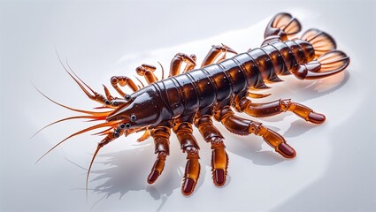 Full-body slipper lobster larva transparent with segmented limbs, floating on white