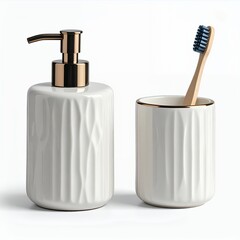 Elegant bathroom accessories in white ceramic and gold accents against a plain background