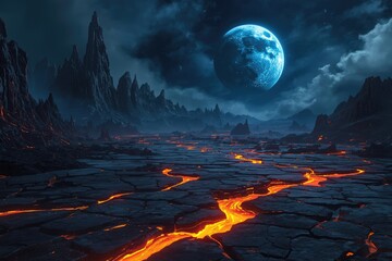 A landscape with lava rivers, dark mountains, a large moon, and cloudy sky at night time view scene
