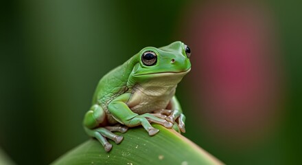 Obraz premium Vibrant green frog perched on leaf against blurry green and pink background