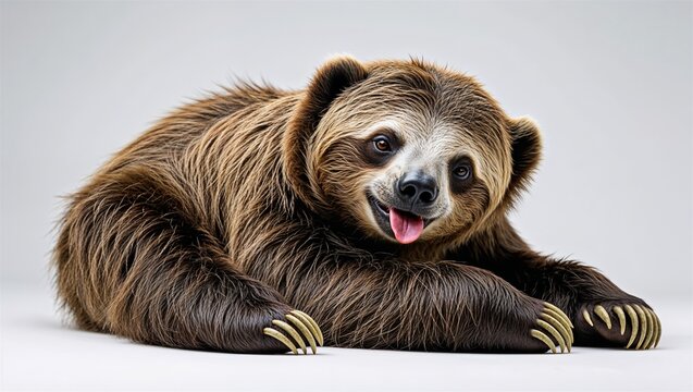 Full-body sloth bear in resting position with tongue visible and body low, isolated on white