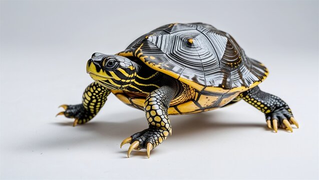 Full-body snapping turtle hatchling walking with shell detailed and claws out, on white