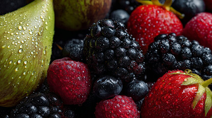 Fototapeta premium Close up of fresh fruits with water droplets including berries and a pear