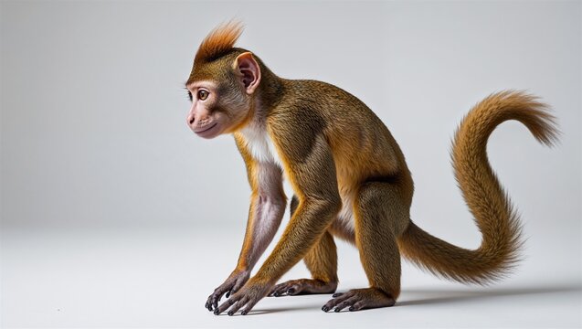 Full-body squirrel monkey with tail down, side profile and limbs shown, isolated on white
