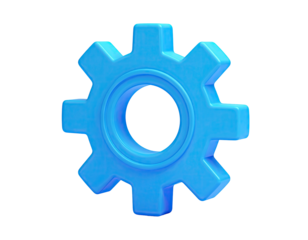 A vibrant, glossy, blue gear with a central hole, isolated on a black backdrop