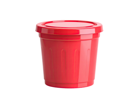 A glossy red waste receptacle with lid, isolated against a black background