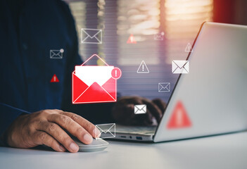 Email security threat and spam warning concept. Person click email with red warning icons and...