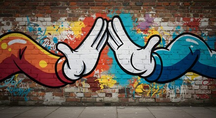 Colorful cartoon hands graffiti on brick wall art creative design