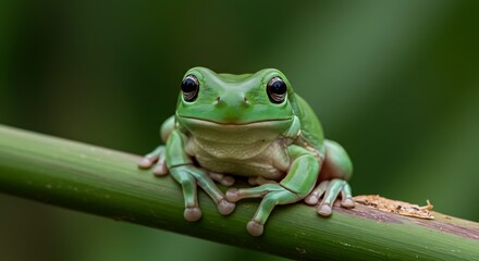 Fototapeta premium Vibrant green tree frog perched on a branch against a blurred background