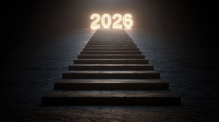 Glowing Steps Leading Up to Illuminated Number 2026 in Dark Space