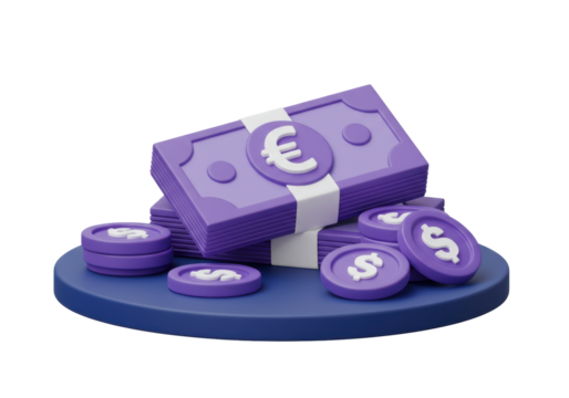 Isolated bundle of money, euro banknotes and dollar coins on a blue plate, 3d rendering