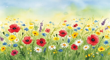 Obraz premium Watercolor painting of colorful wildflowers in a sunny meadow against a bright sky