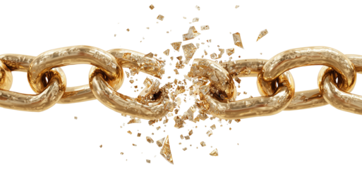 Broken golden chain with flying fragments, isolated on transparent cutout background