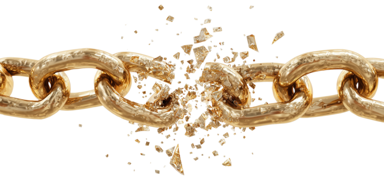 Broken golden chain with flying fragments, isolated on transparent cutout background