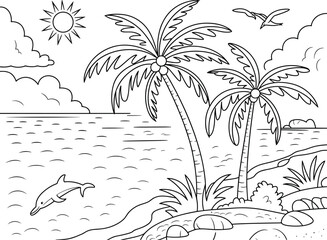 Tropical Beach Scene With Palm Trees Dolphin Sun and Birds ocean