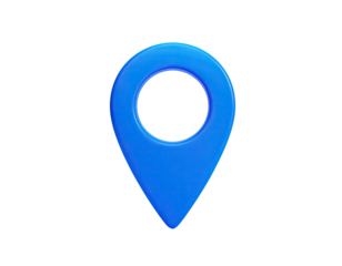 A glossy, bright blue, 3D location marker icon, rendered against a black backdrop