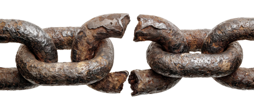 Rusty broken iron chain with corroded links, isolated on transparent cutout background